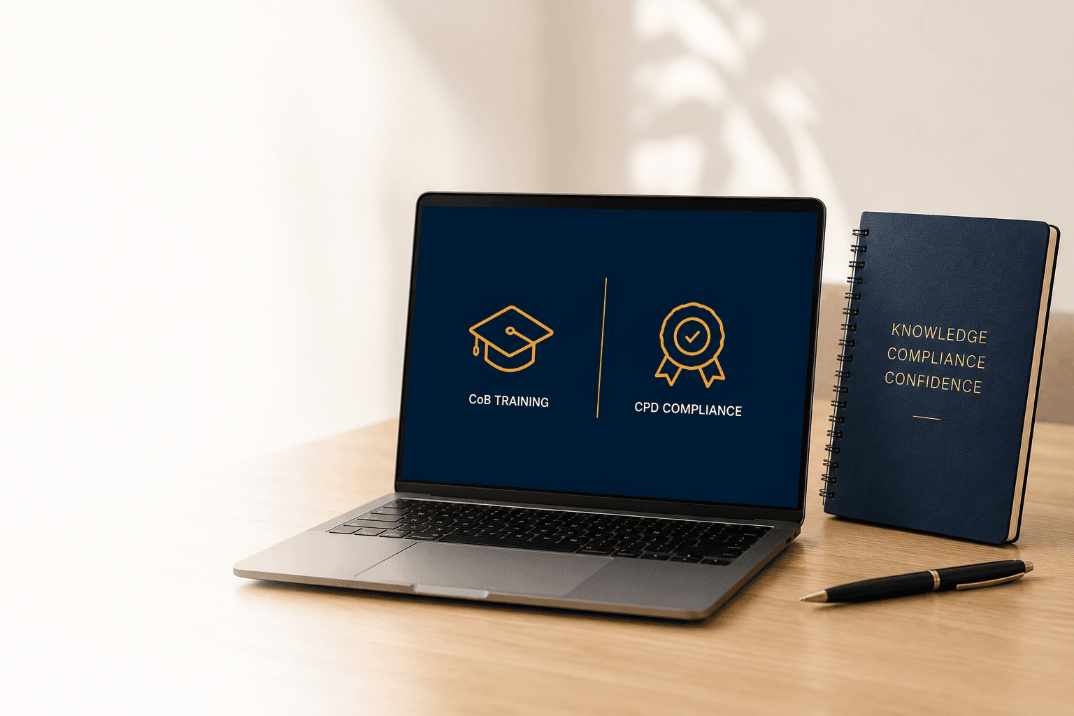 Laptop displaying Class of Business training and CPD compliance graphics beside a navy notebook