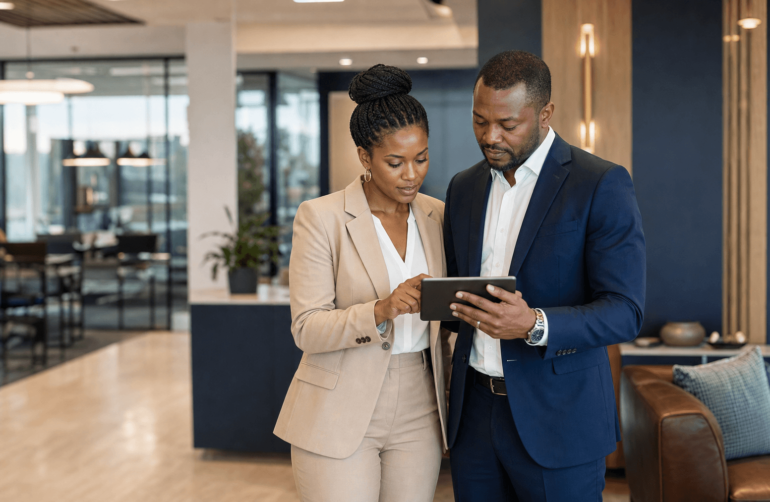 Two South African compliance professionals reviewing regulatory information on a tablet